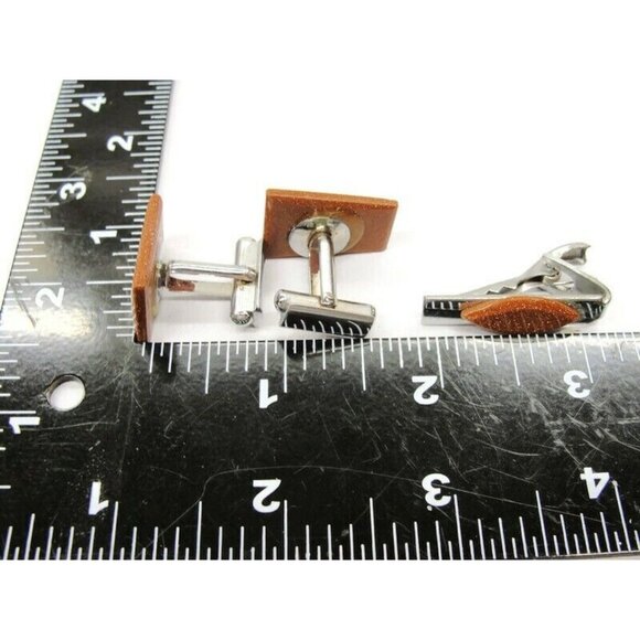 Cufflinks Silver Tone Copper Glitter Set Neck Tie Clip Tux Shirt Dress Suit Vtg - Picture 5 of 7